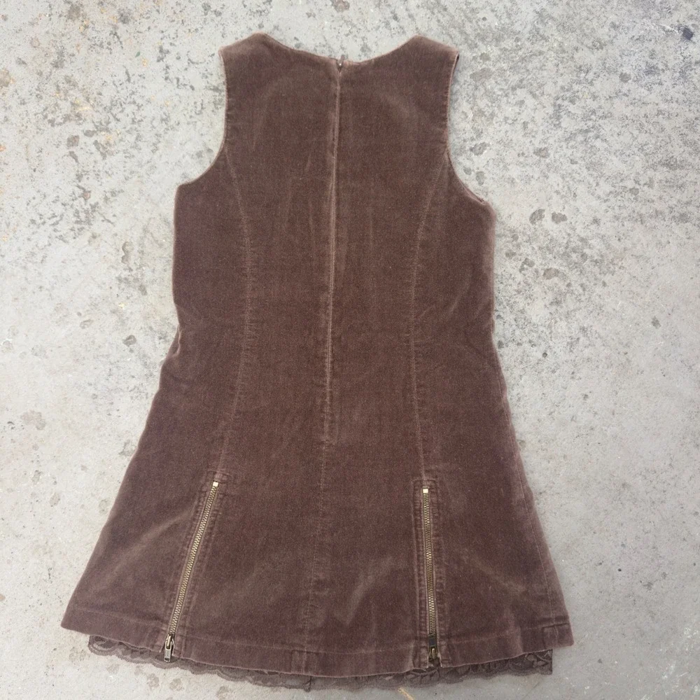Lili Gaufrette Girls Brown Corduroy Lace Hem Zipper Jumper Dress Size 6 Years